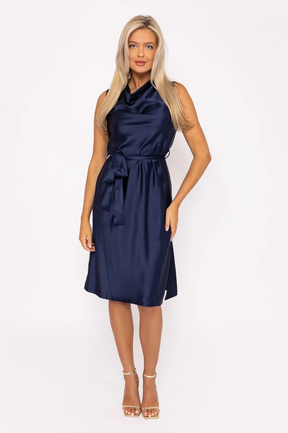 Navy Satin Cowl Neck Dress