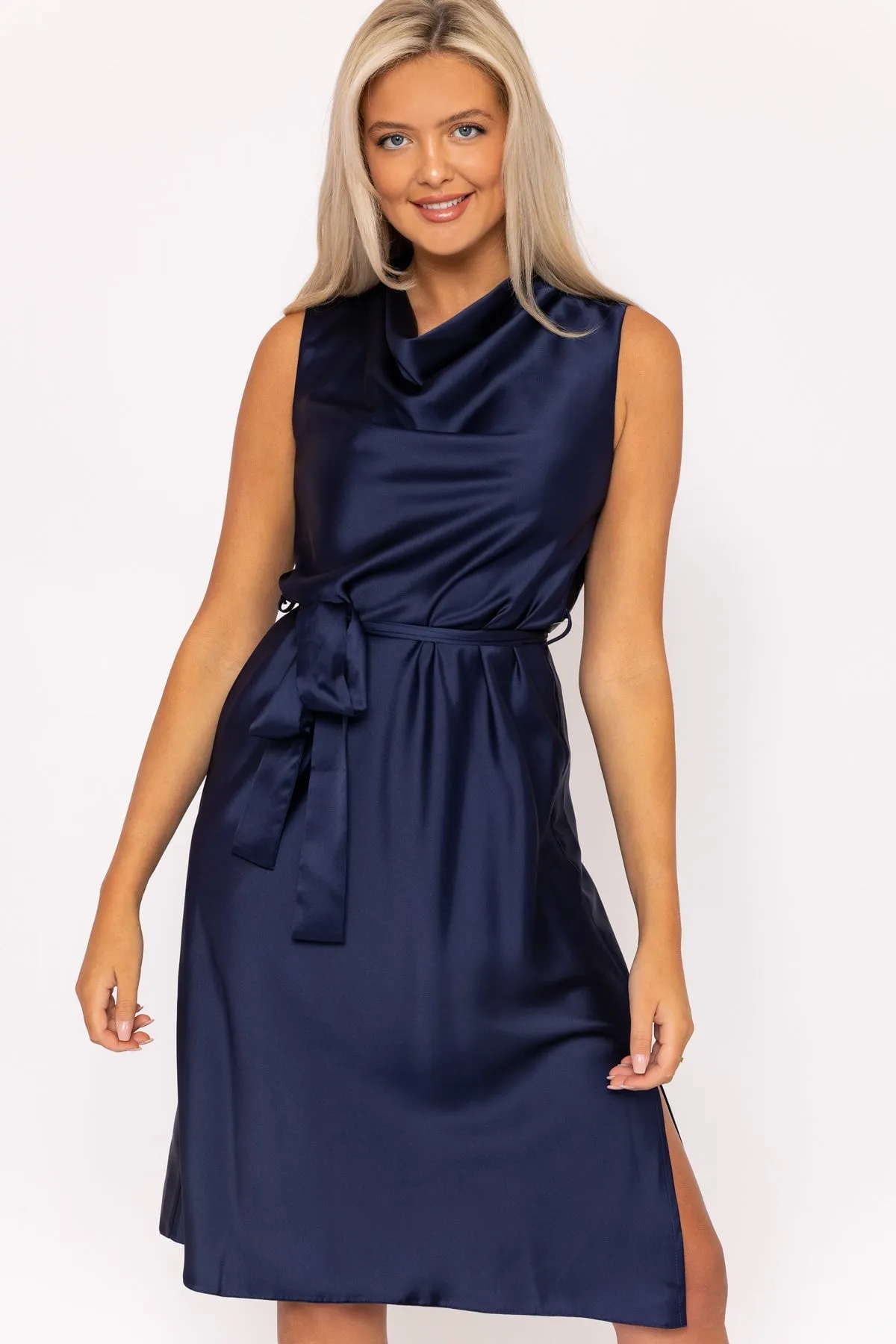 Navy Satin Cowl Neck Dress