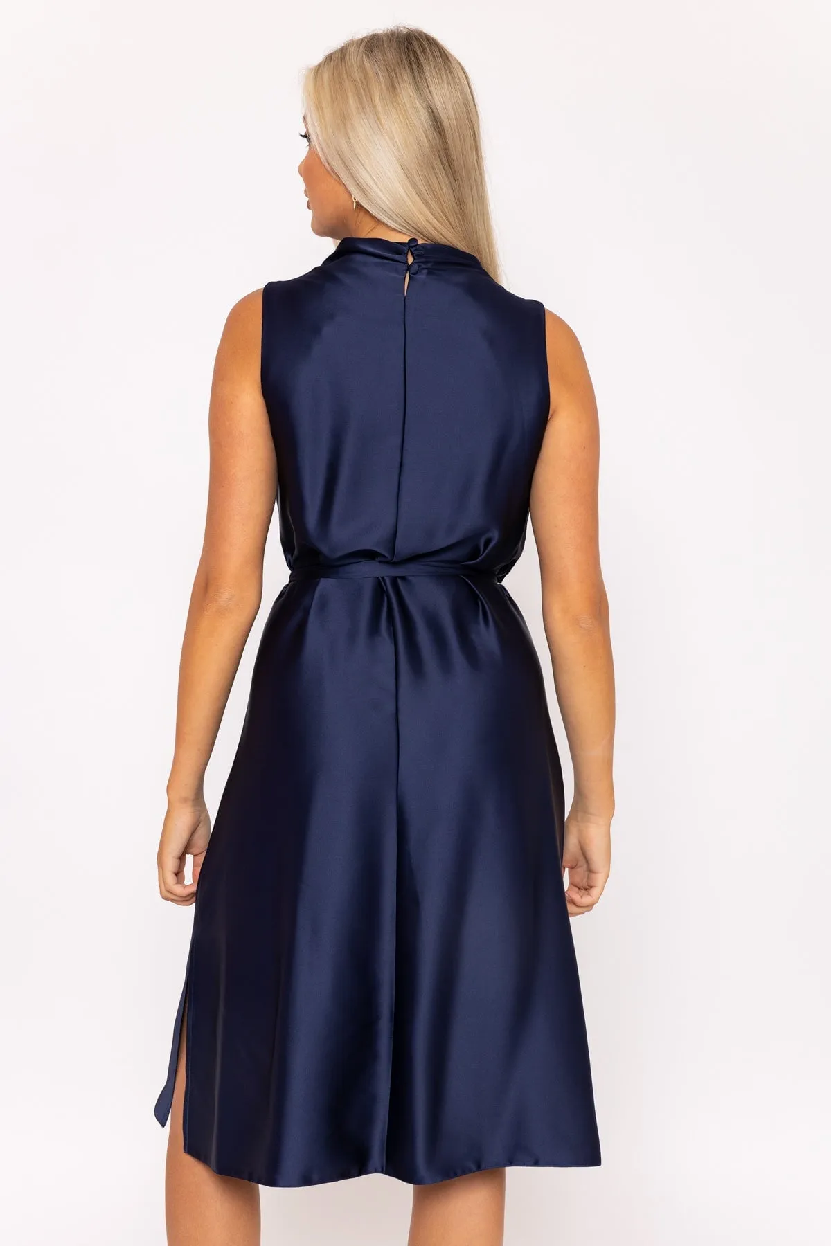 Navy Satin Cowl Neck Dress