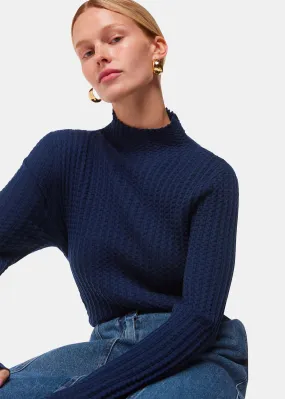 Navy Textured Detail High Neck Knit