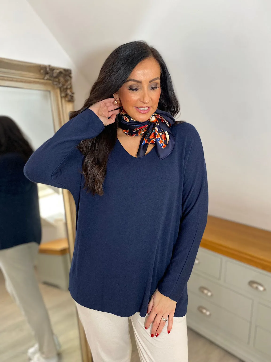 Navy Blue V-Neck Knit Top for Women