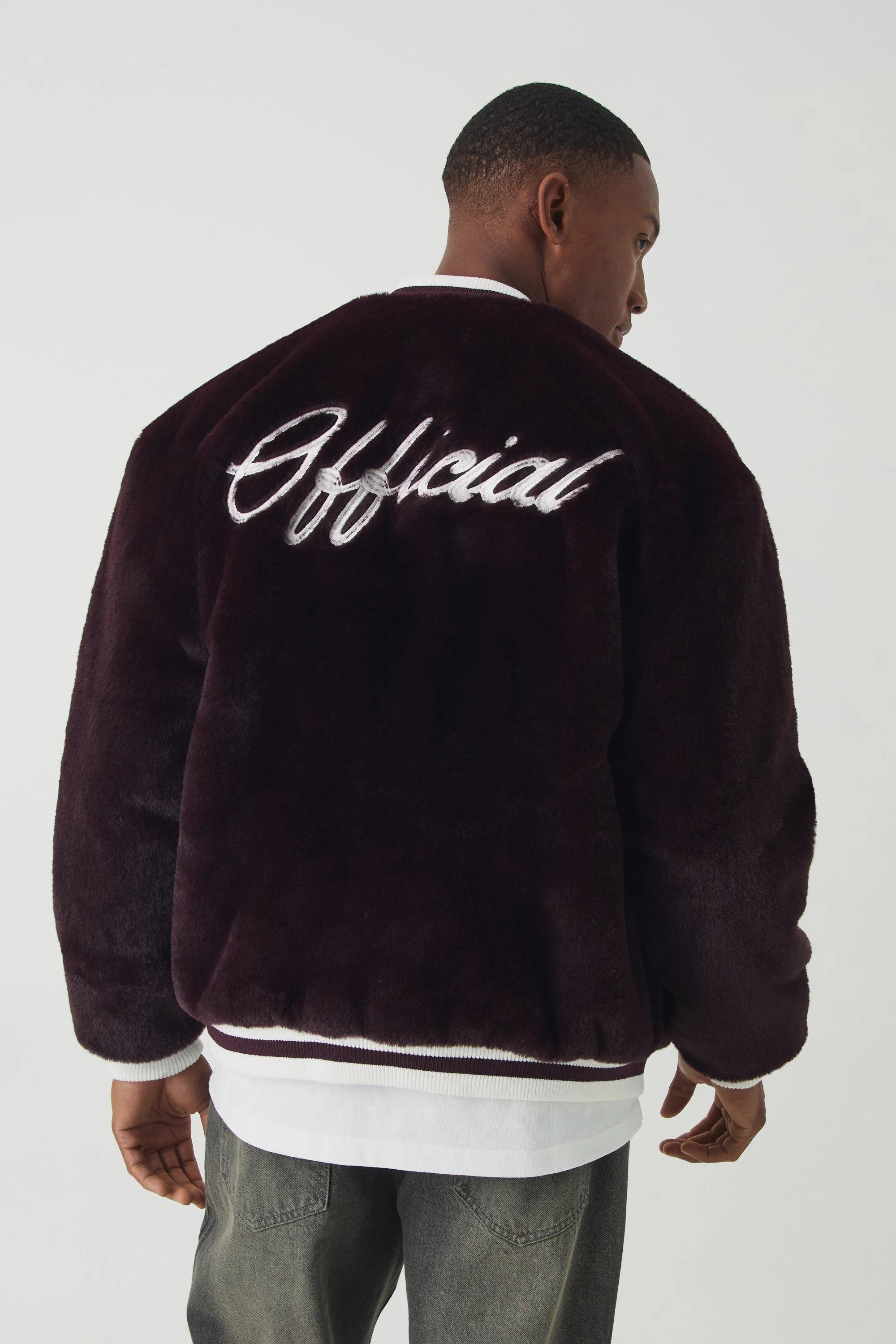 Official Faux Fur Bomber Jacket In Burgundy