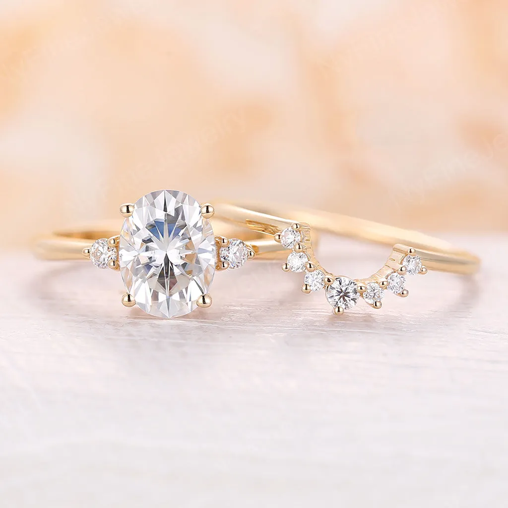 Oval Moissanite Yellow Gold Three Stones Bridal set