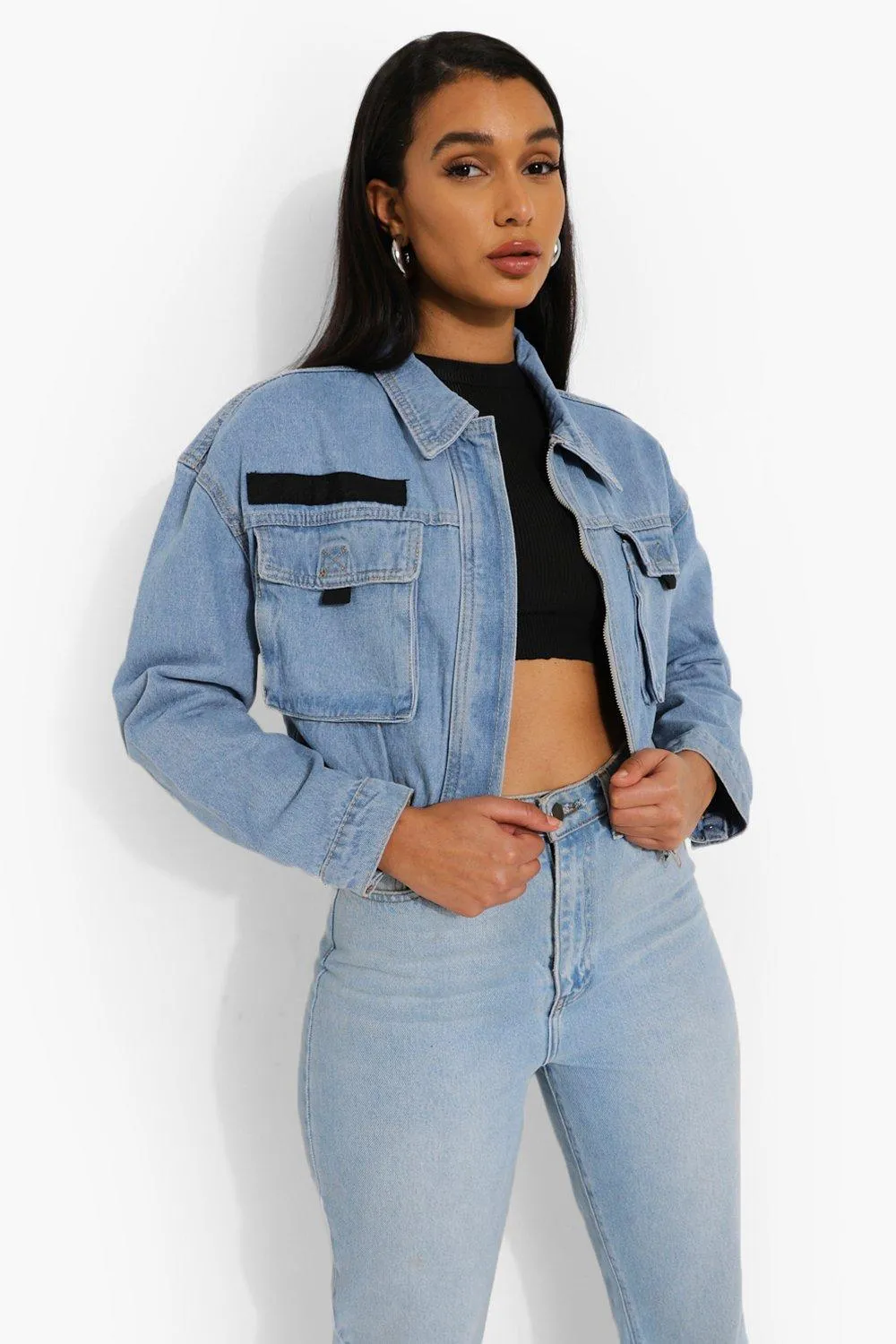 Oversized Denim Cropped Utility Jacket