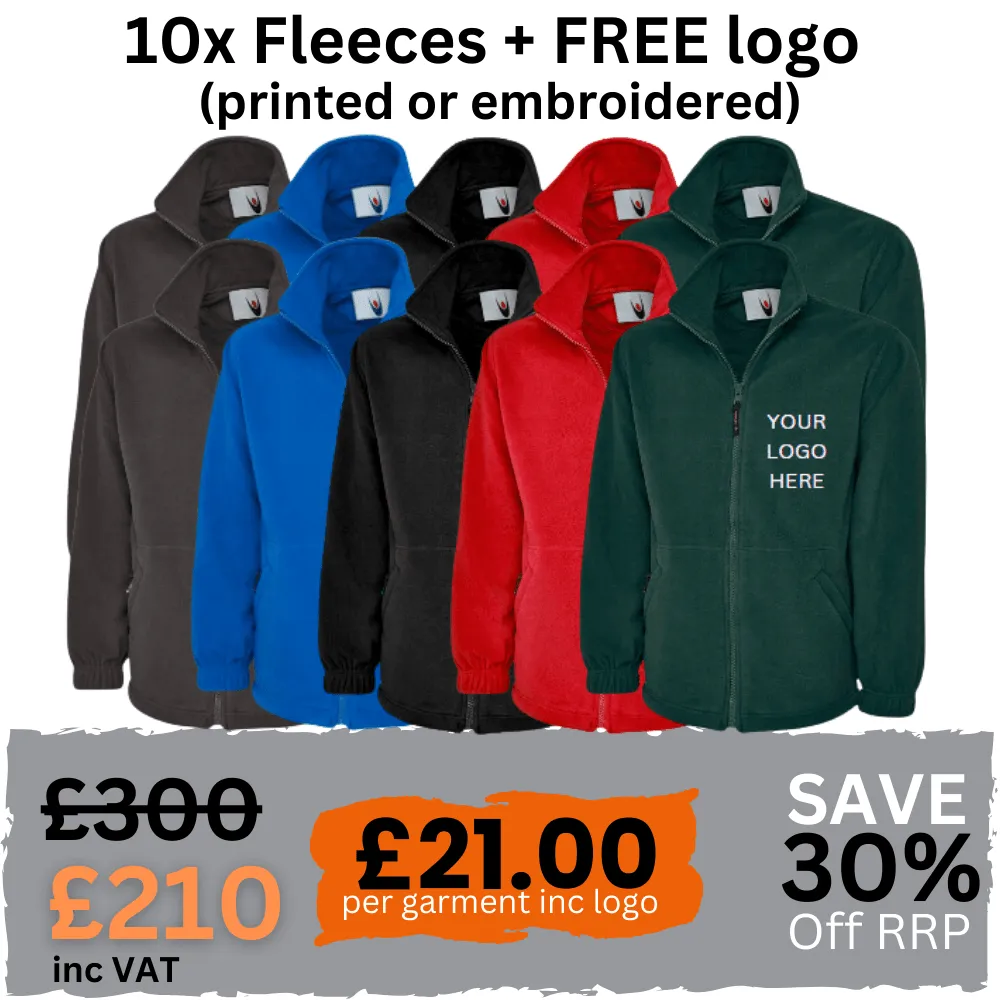 Pack of 10 Custom Embroidered Fleeces with Company/Team Logo - Workwear Embroidery/Printing