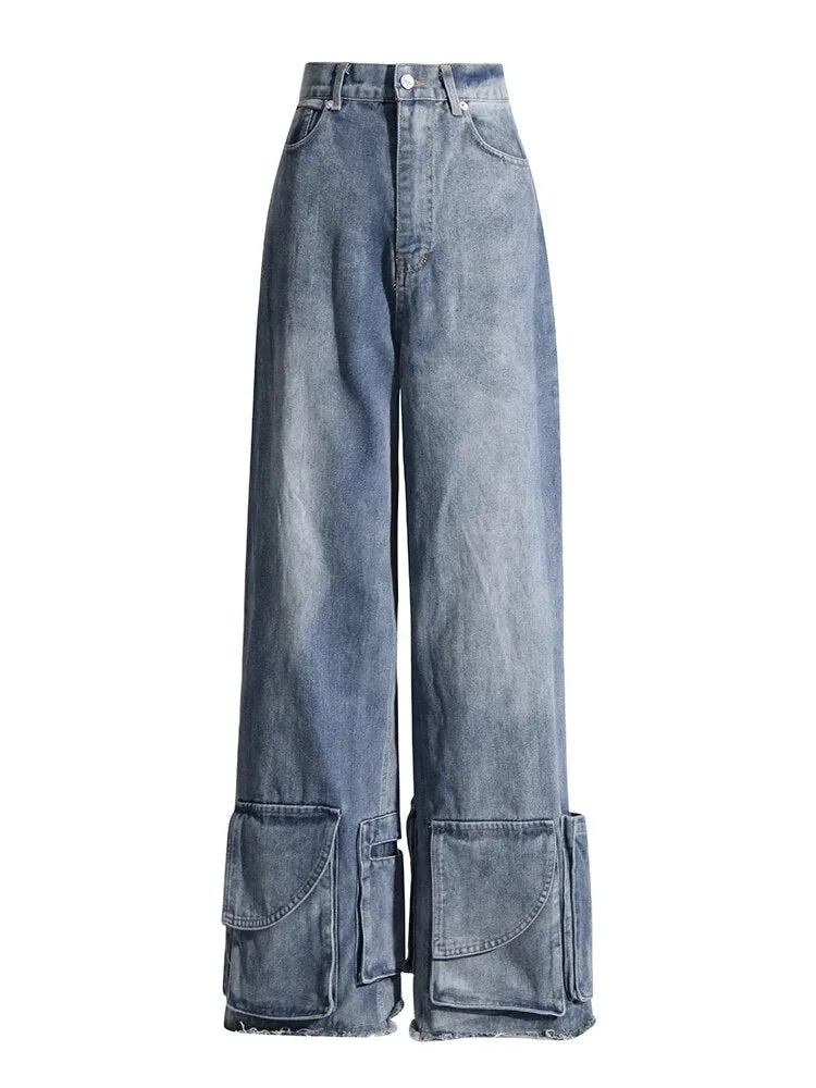 Loose Patchwork Pocket Button High Waist Jeans