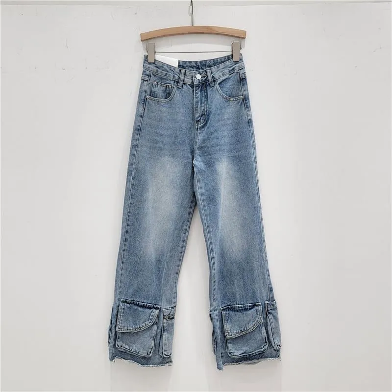 Loose Patchwork Pocket Button High Waist Jeans