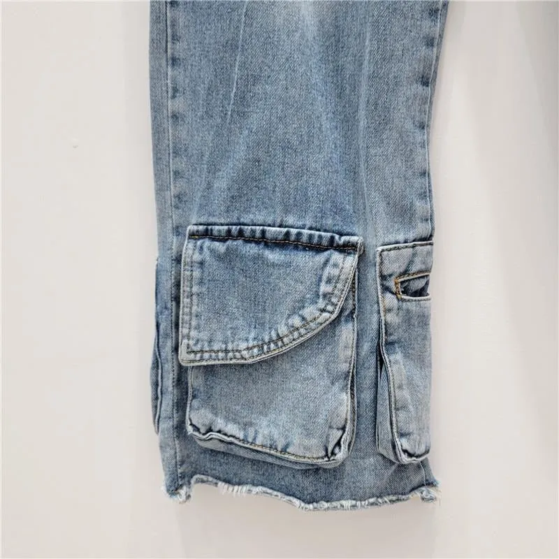 Loose Patchwork Pocket Button High Waist Jeans