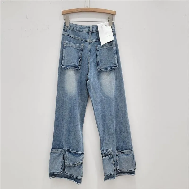 Loose Patchwork Pocket Button High Waist Jeans