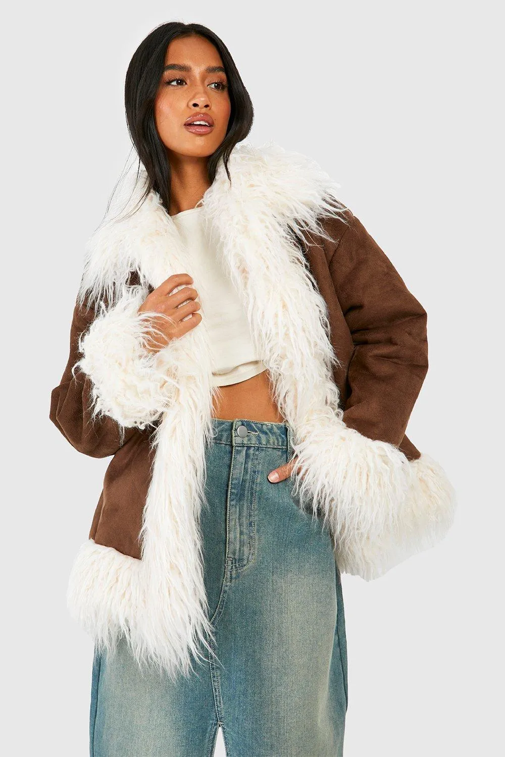 Petite Faux Fur Trim Suedette Coat