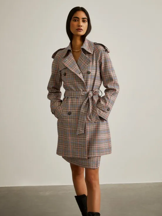 Plaid design coat with two rows of buttons