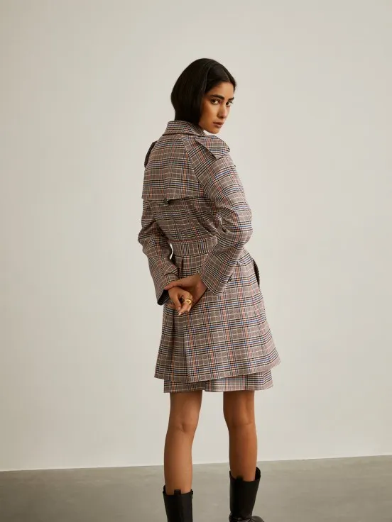 Plaid design coat with two rows of buttons