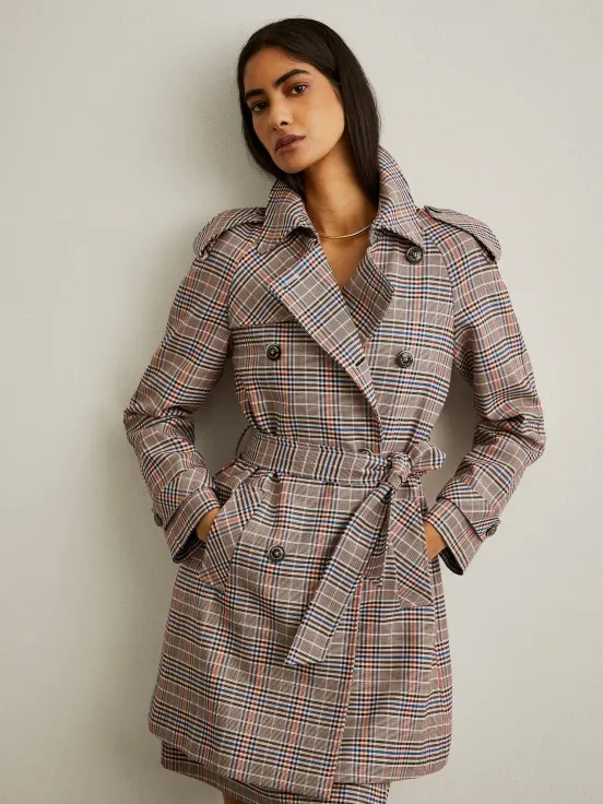 Plaid design coat with two rows of buttons