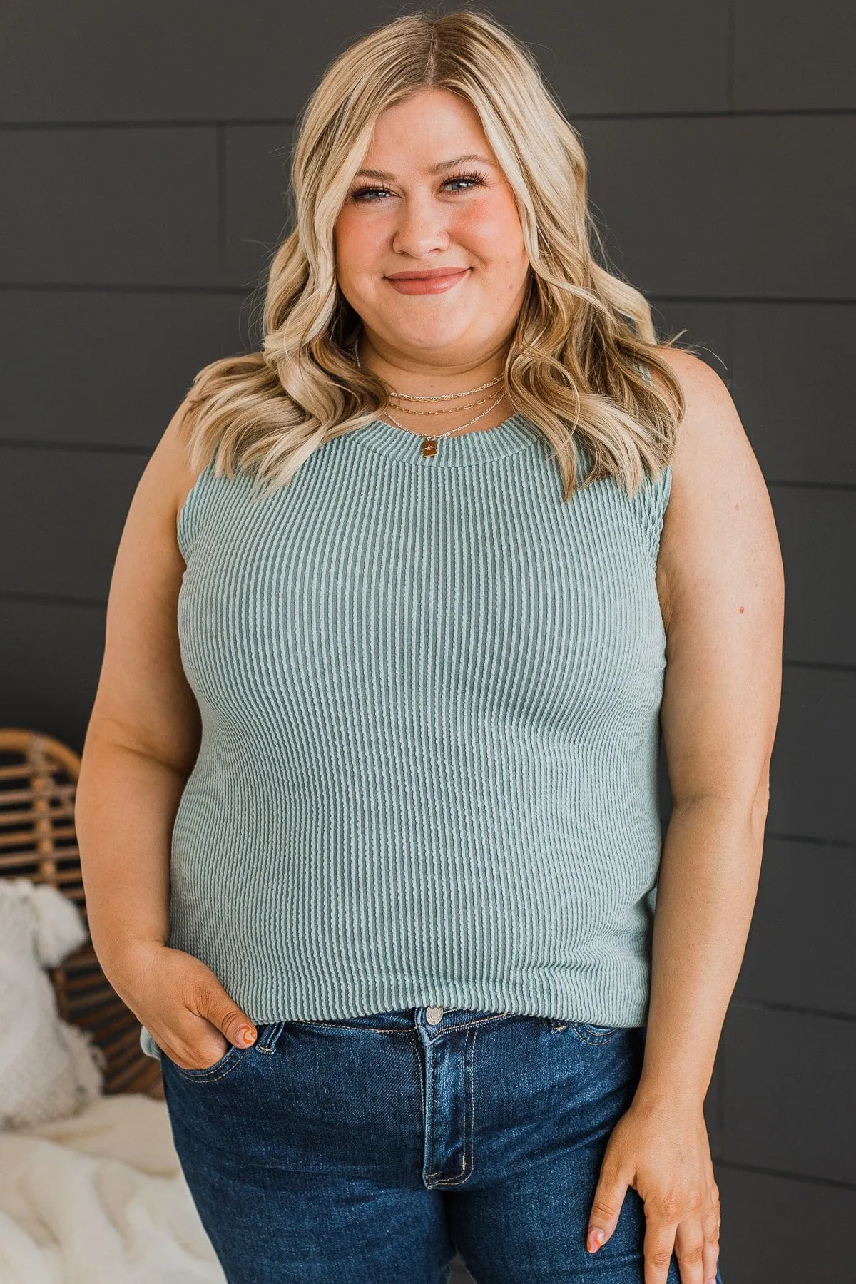 Trendy Dusty Blue Knit Tank Top