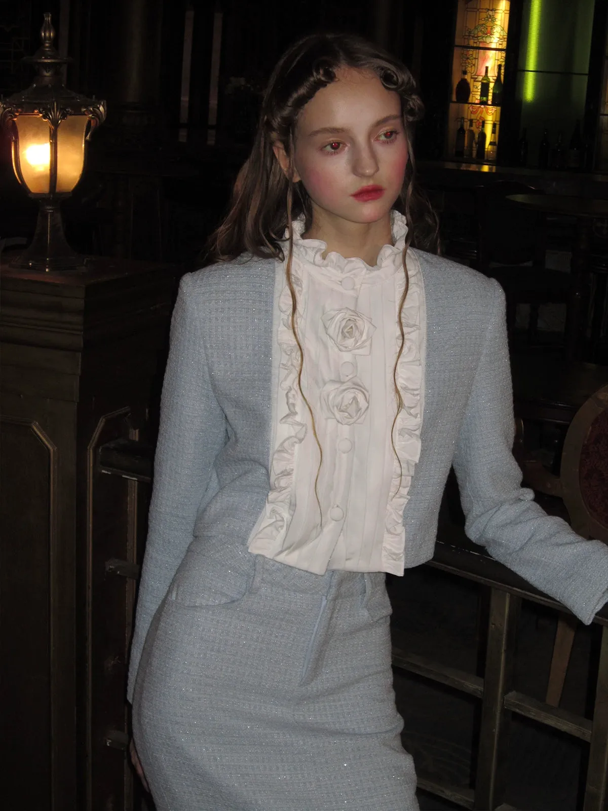 Pleated Ruffled Switching Tweed Touch Jacket ＆ Mermaid Skirt