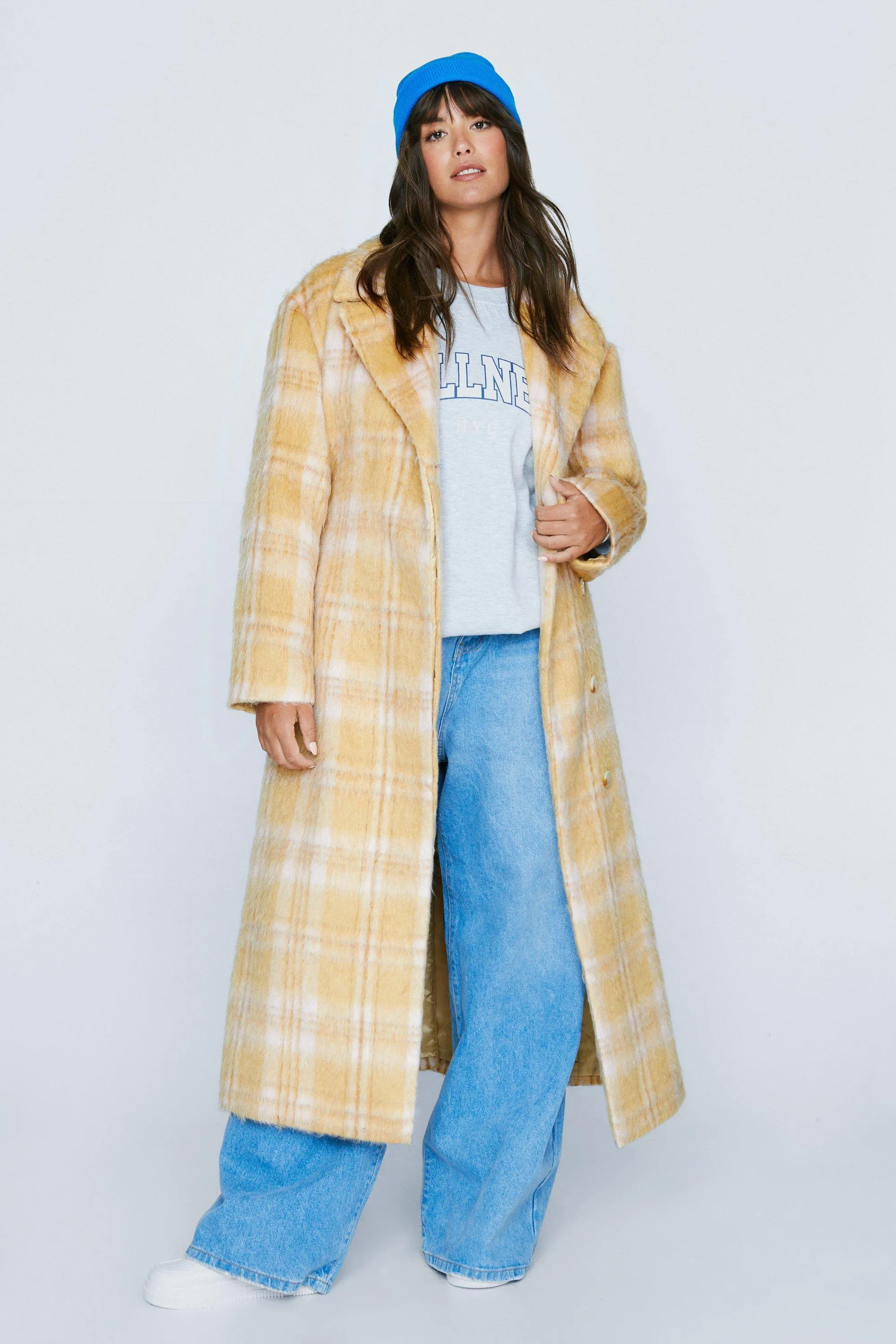 Check Print Wool Blend Coat