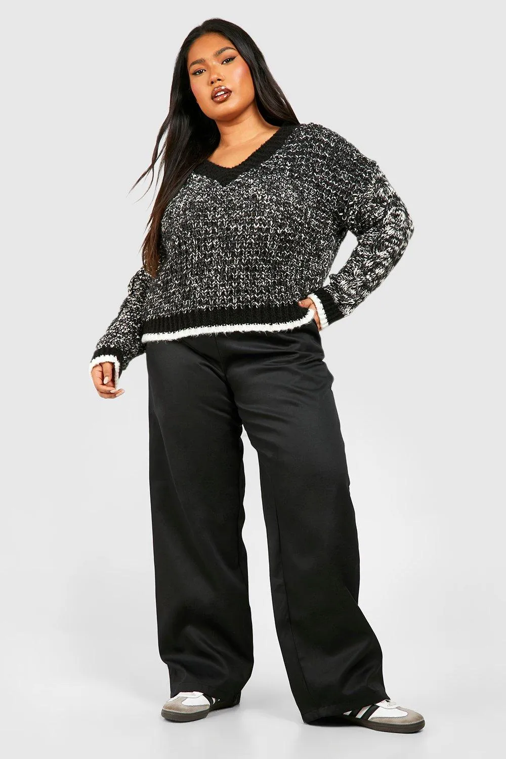 Plus Size Chunky V Neck Jumpers and Cardigans at boohoo