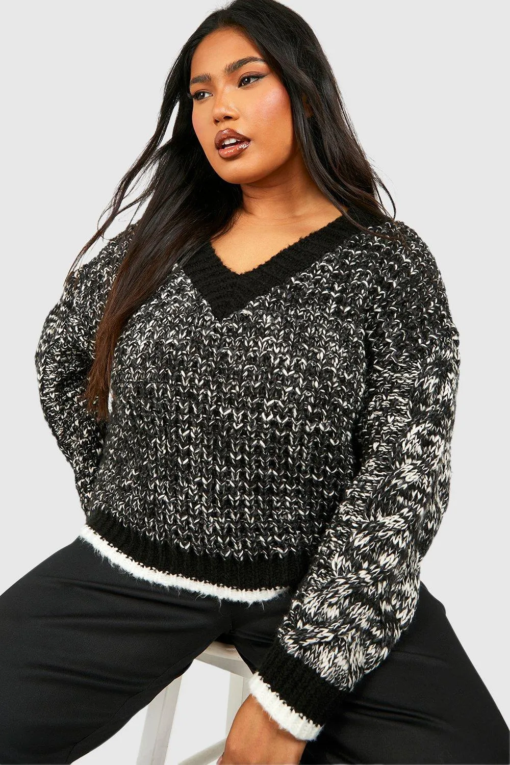 Plus Size Chunky V Neck Jumpers and Cardigans at boohoo