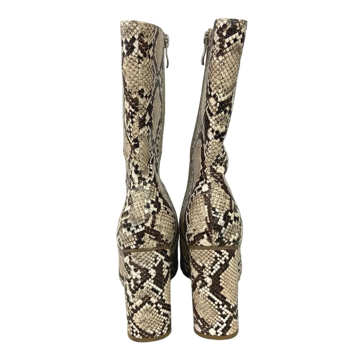 PrettyLittleThing Brown Cream Leather Snakeskin Pointed Toe Block Heels Boots 5