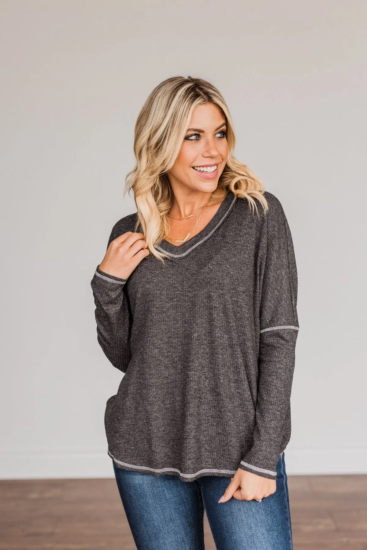 Charcoal Long Sleeve Knit Top