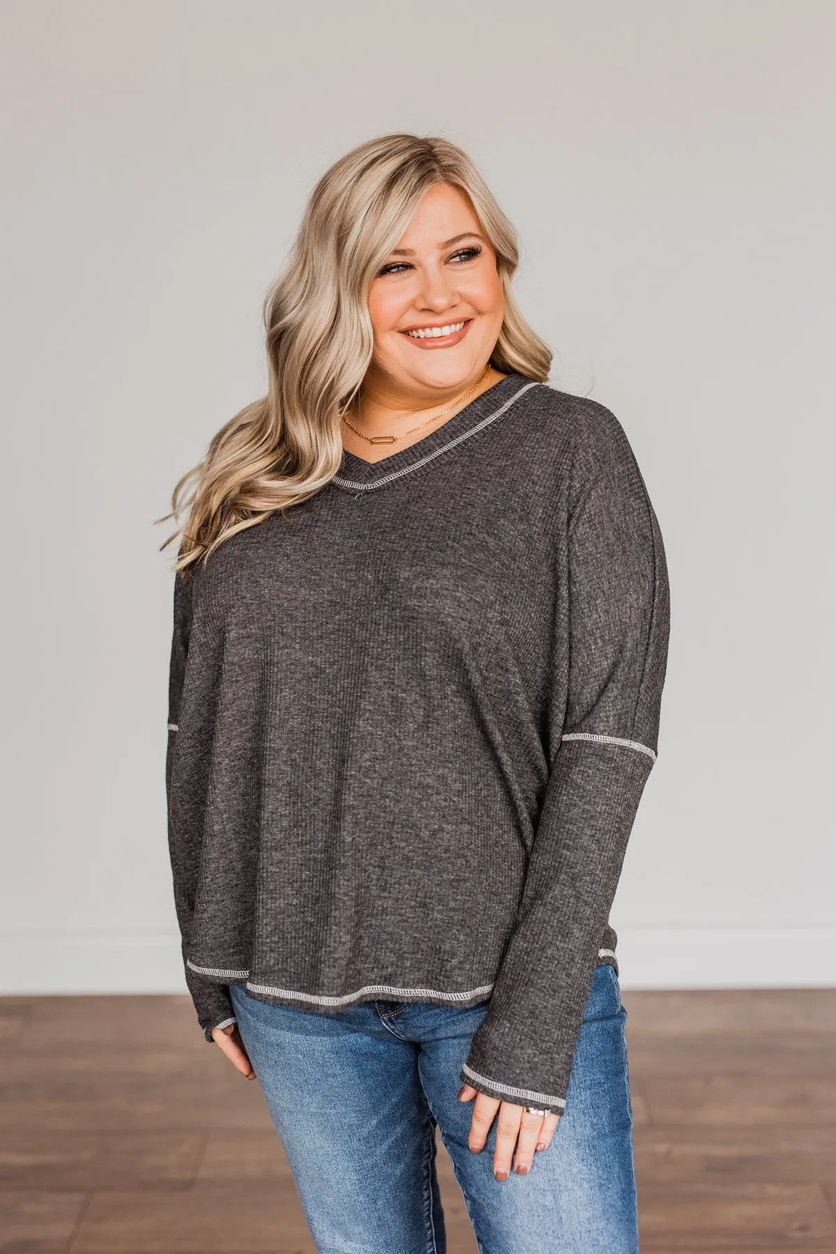 Charcoal Long Sleeve Knit Top