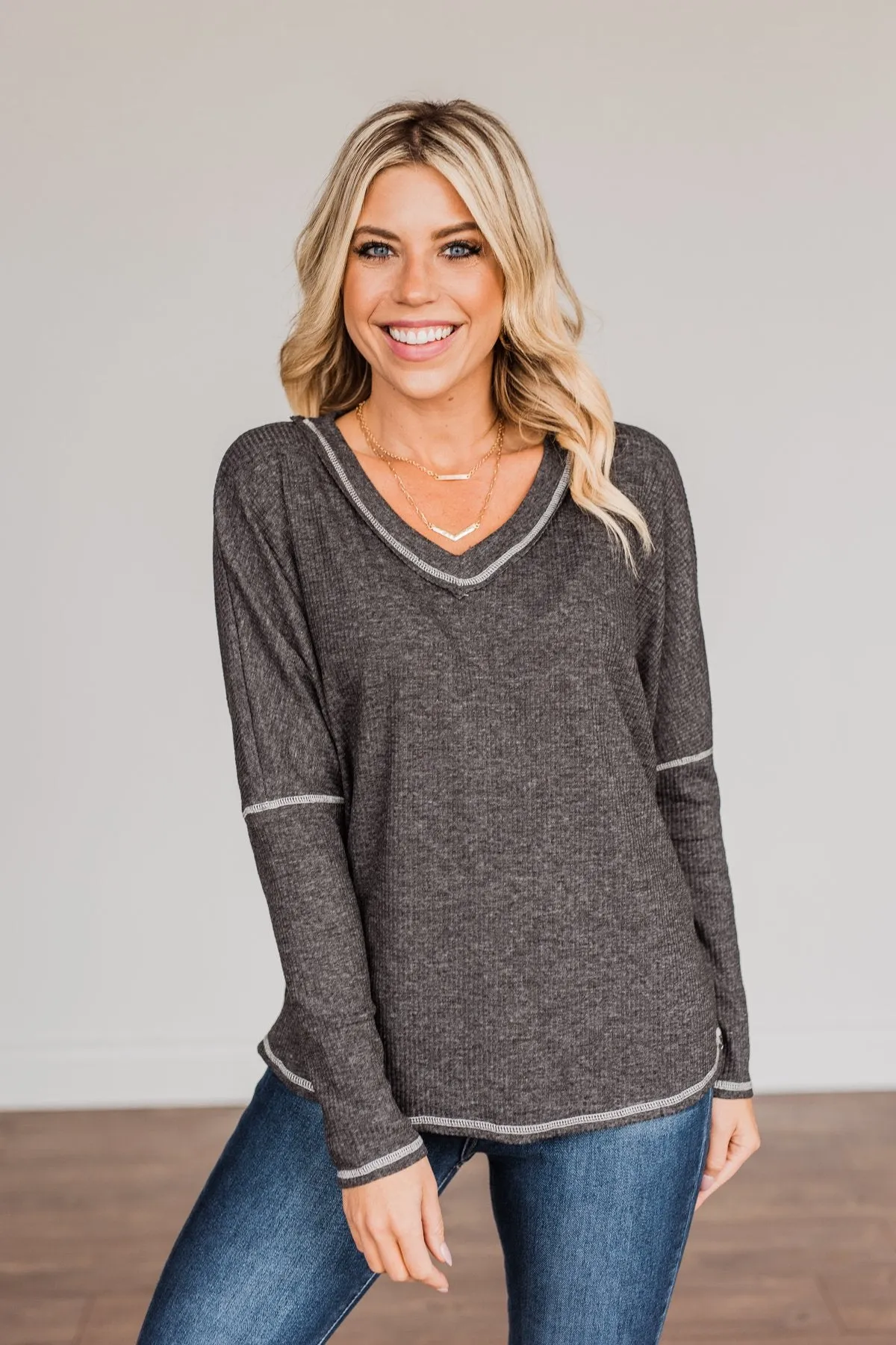 Charcoal Long Sleeve Knit Top