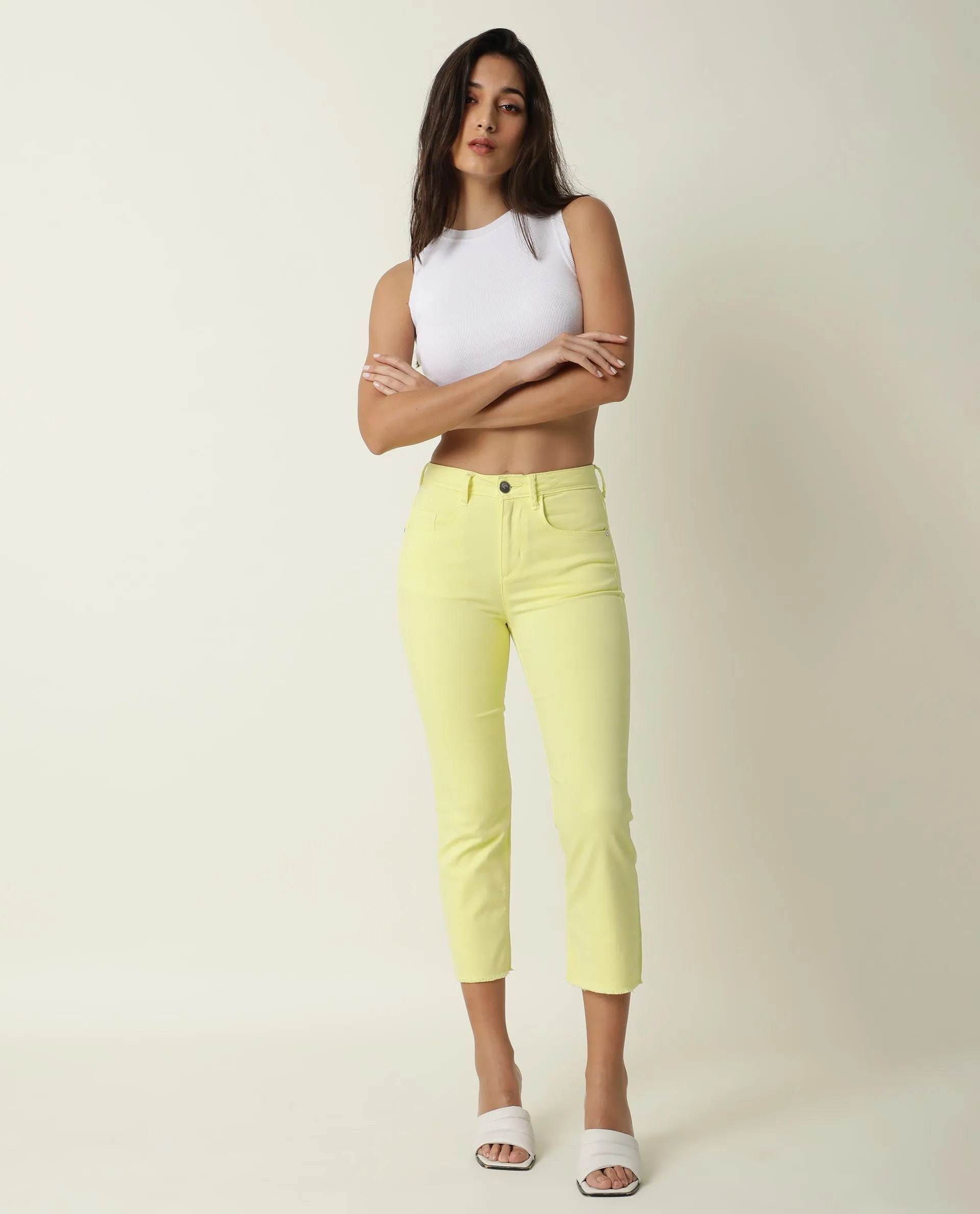 Rareism Women Admiral Light Yellow Cotton Lycra Fabric Mid Rise Solid Regular Fit Ankle Length Jeans