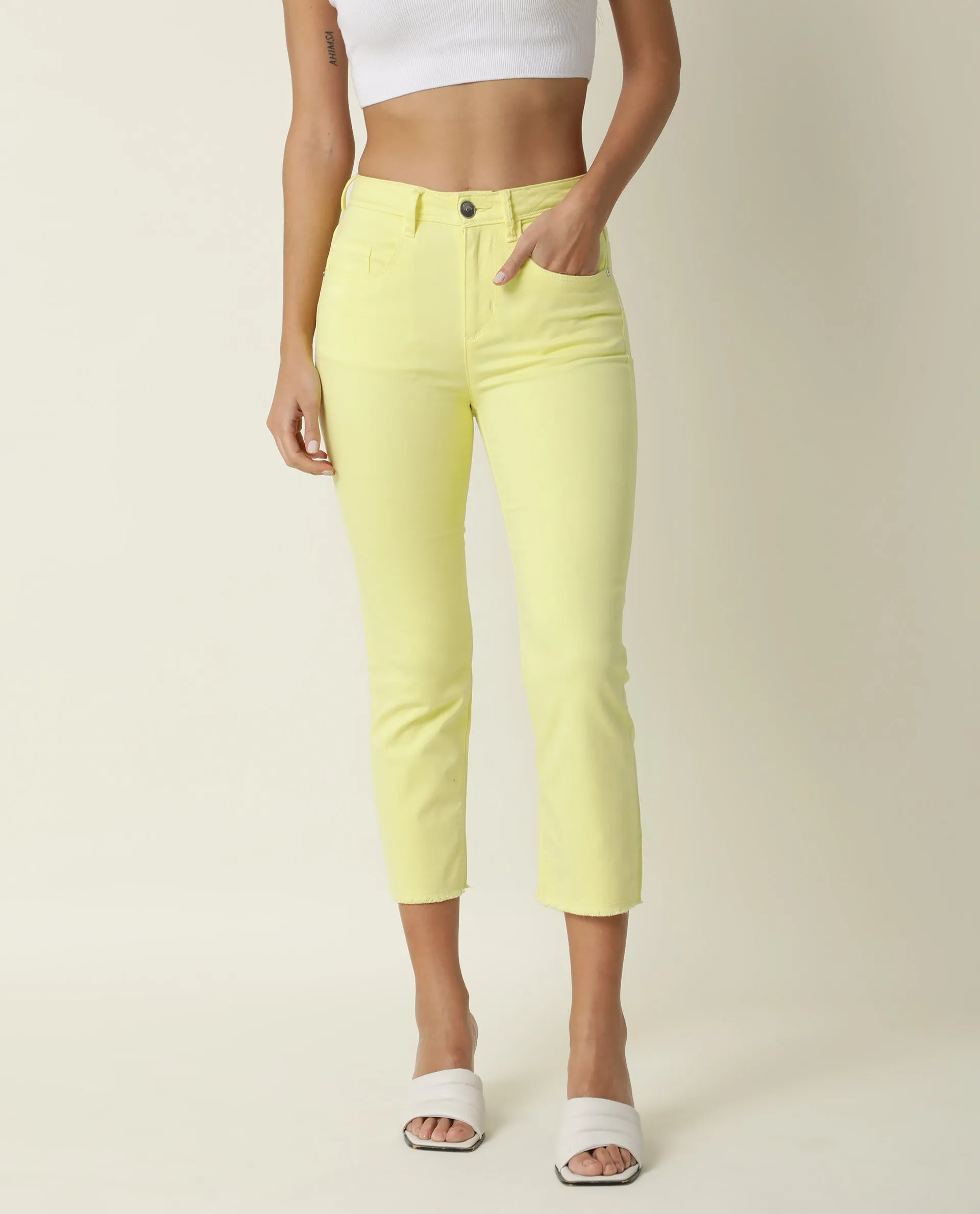 Rareism Women Admiral Light Yellow Cotton Lycra Fabric Mid Rise Solid Regular Fit Ankle Length Jeans