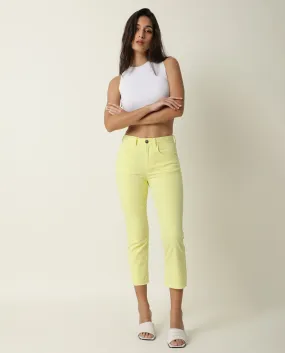 Rareism Women Admiral Light Yellow Cotton Lycra Fabric Mid Rise Solid Regular Fit Ankle Length Jeans