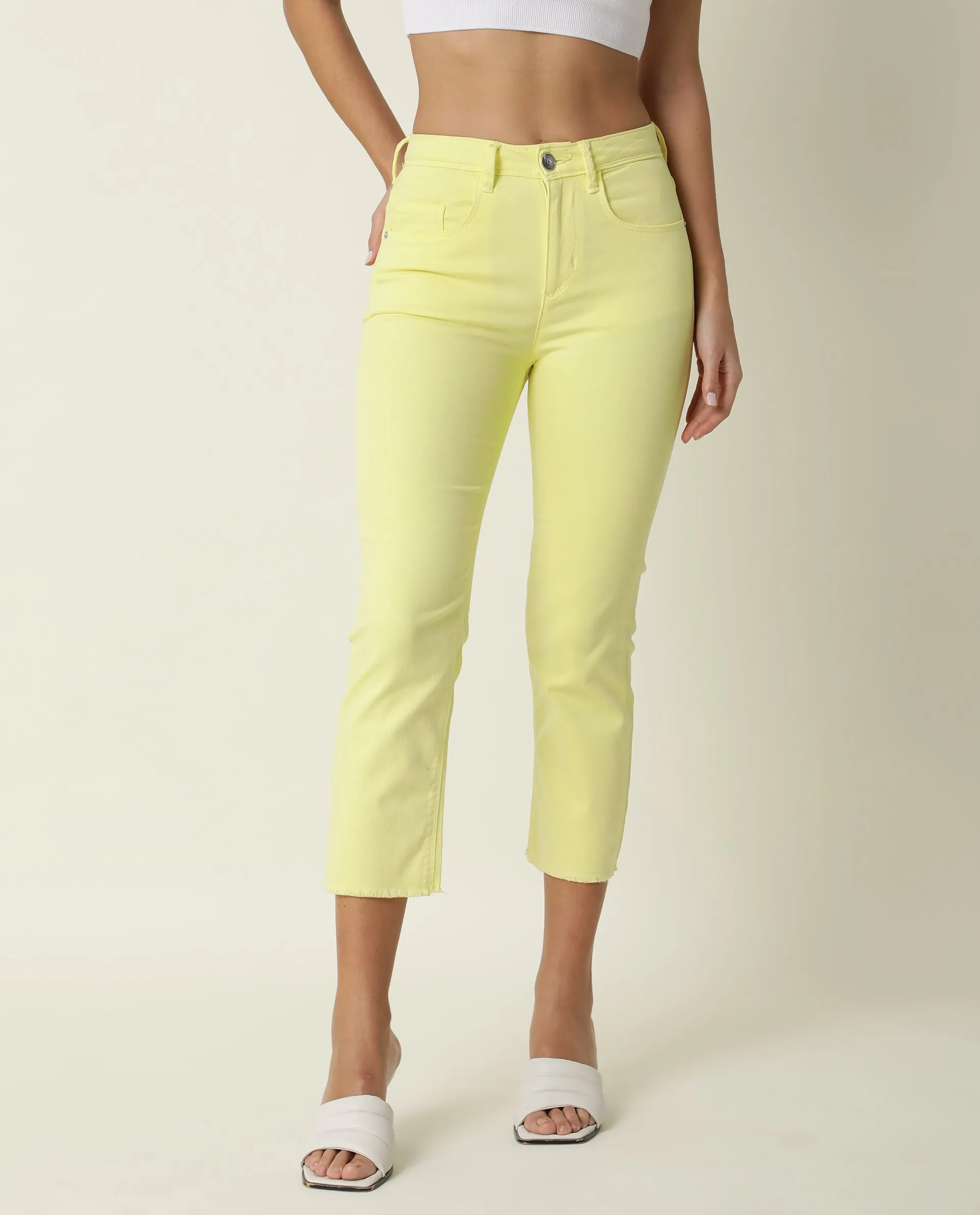 Rareism Women Admiral Light Yellow Cotton Lycra Fabric Mid Rise Solid Regular Fit Ankle Length Jeans