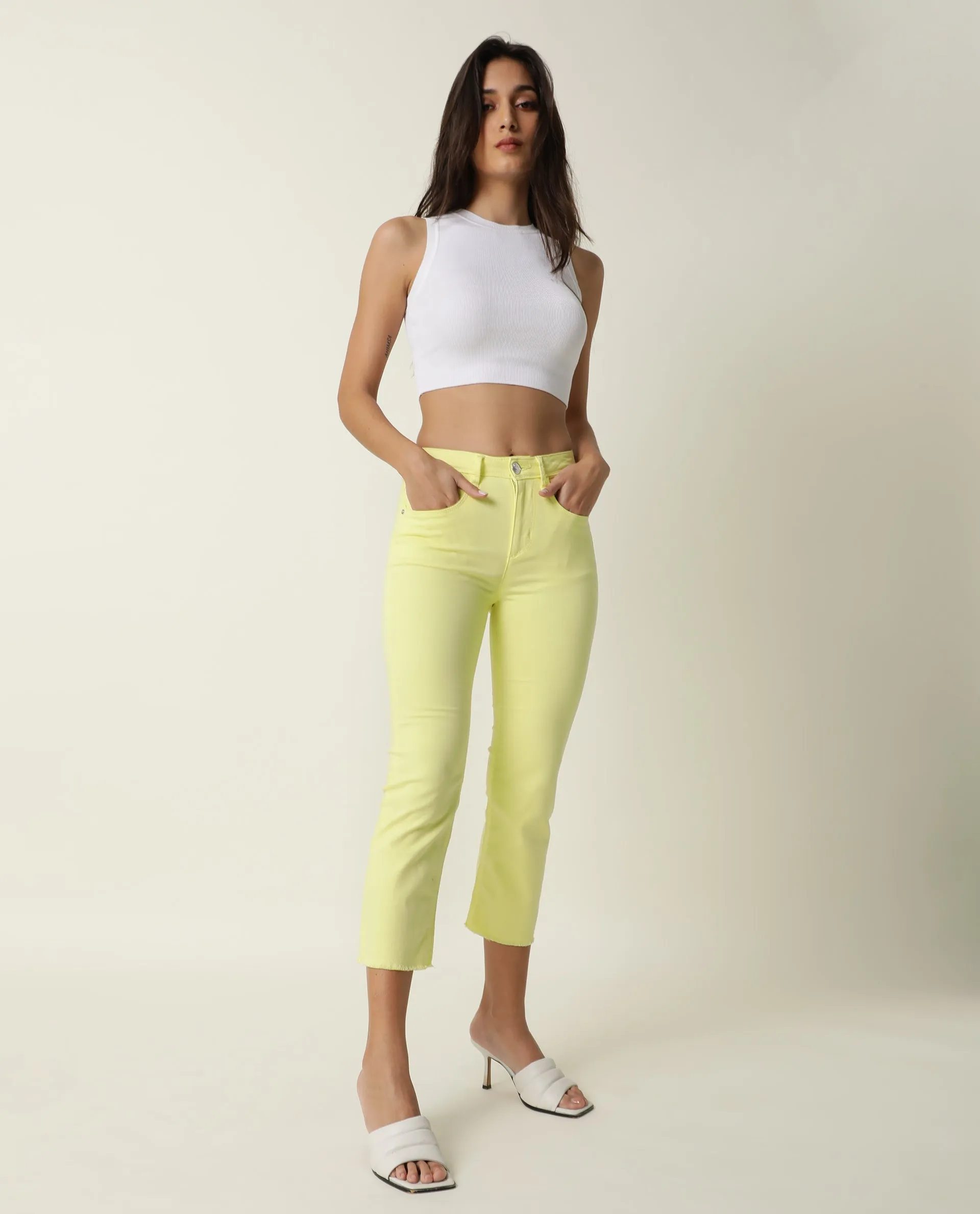 Rareism Women Admiral Light Yellow Cotton Lycra Fabric Mid Rise Solid Regular Fit Ankle Length Jeans