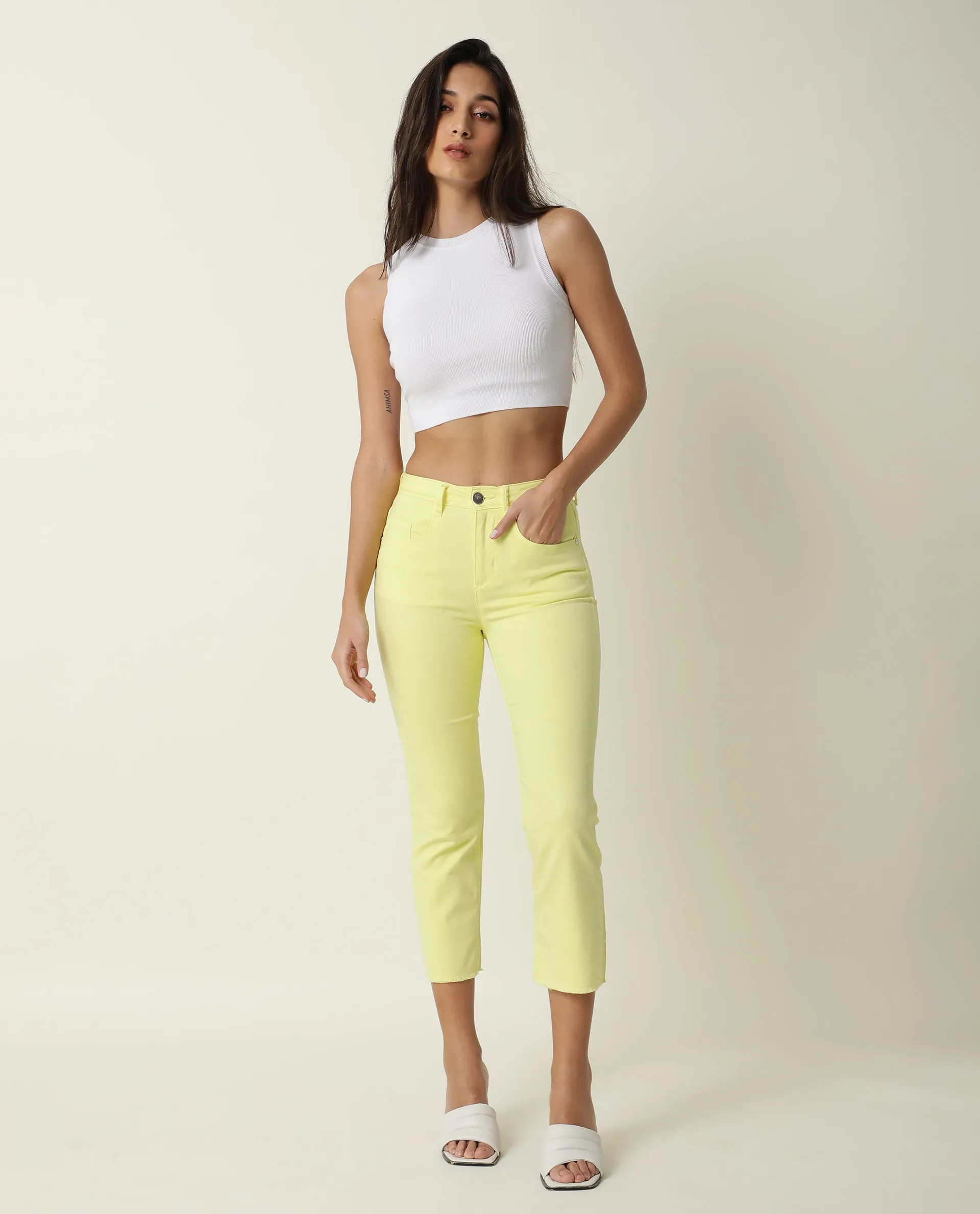 Rareism Women Admiral Light Yellow Cotton Lycra Fabric Mid Rise Solid Regular Fit Ankle Length Jeans