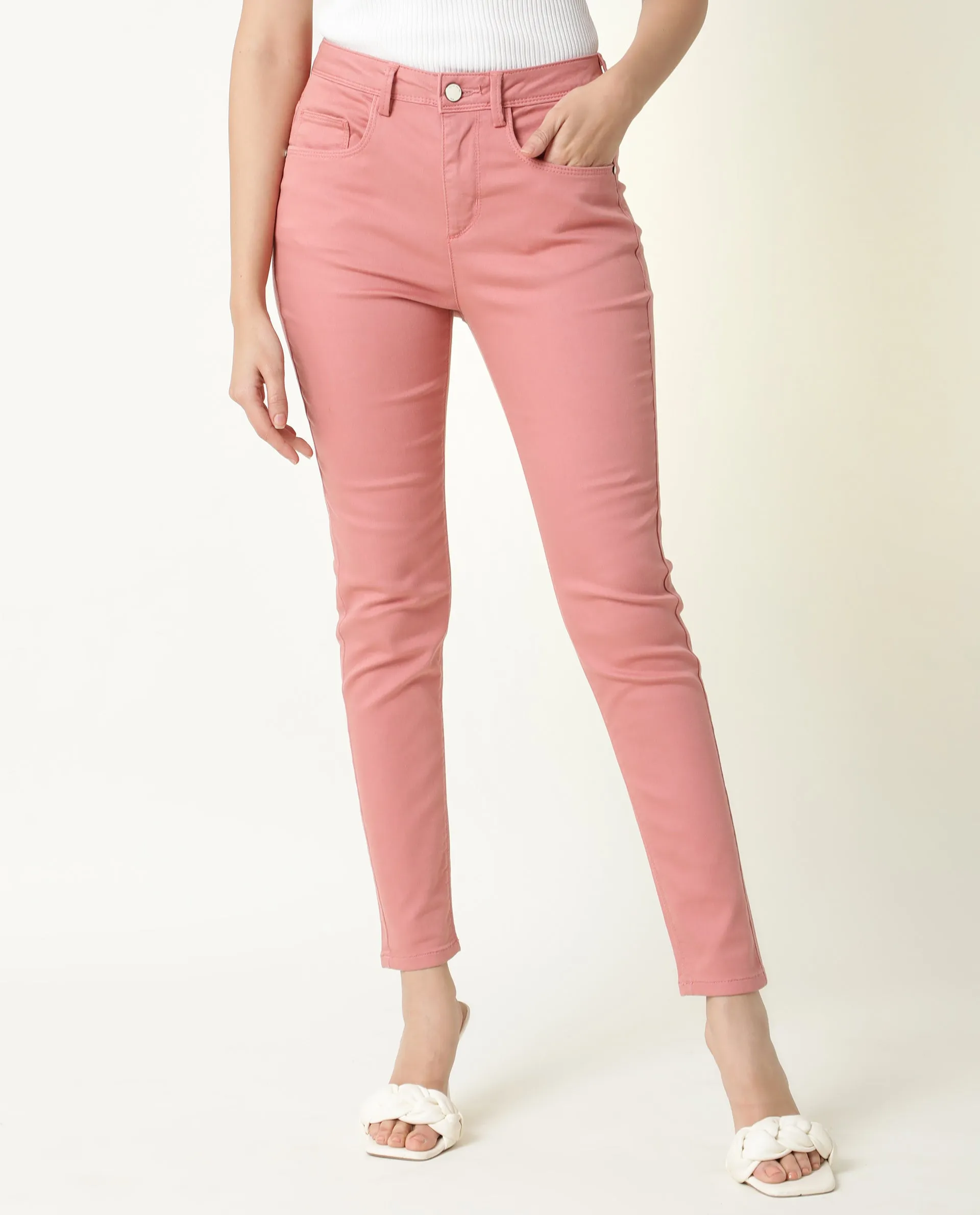 Rareism Women Kocho Pink Cotton Lycra Fabric Mid Rise Solid Slim Fit Ankle Length Jeans