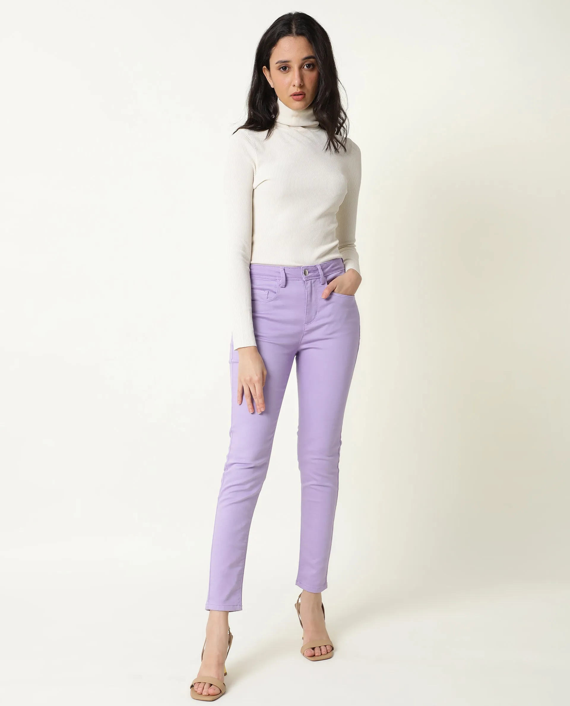 Rareism Women Kocho Purple Cotton Lycra Fabric Mid Rise Solid Slim Fit Ankle Length Jeans