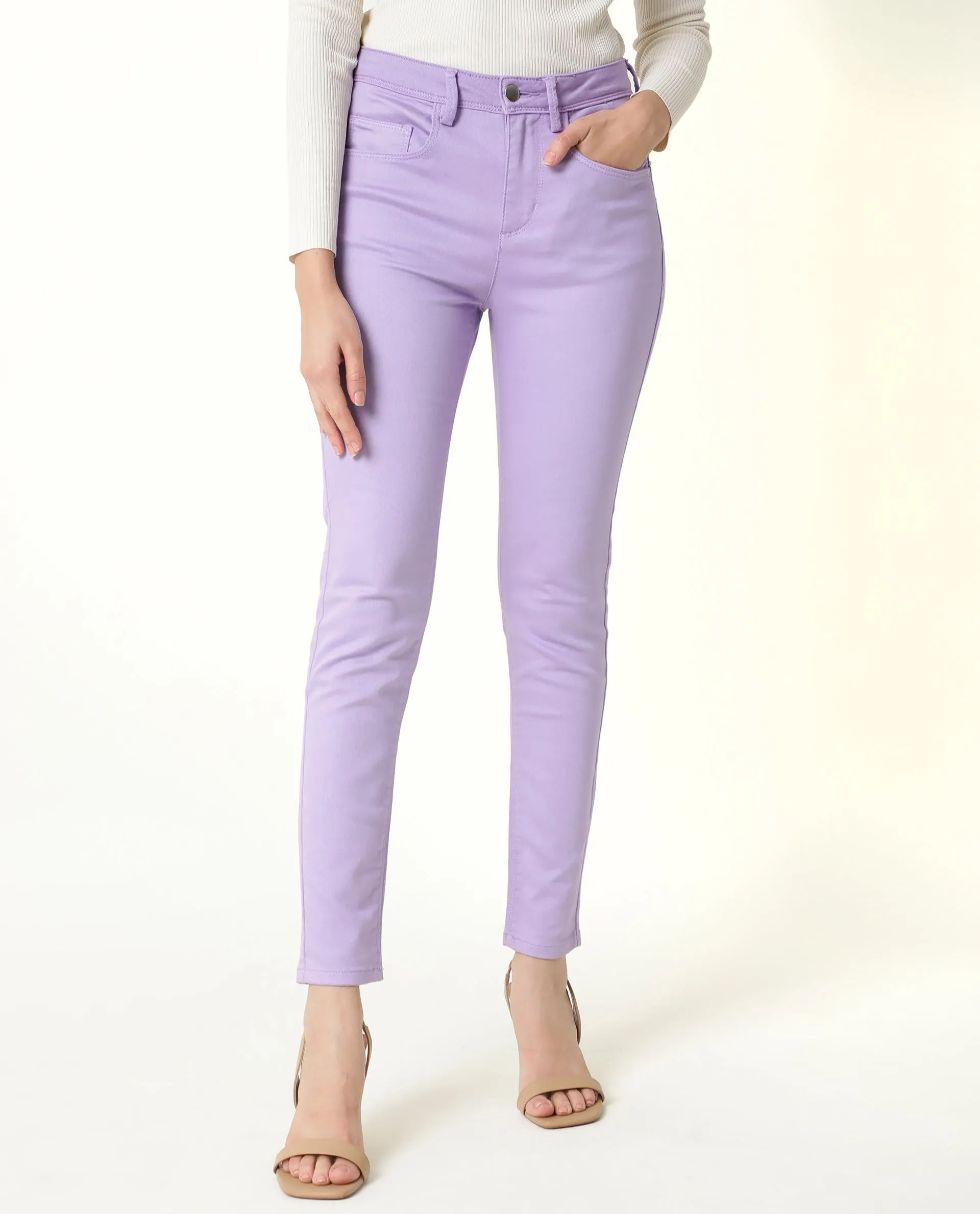 Rareism Women Kocho Purple Cotton Lycra Fabric Mid Rise Solid Slim Fit Ankle Length Jeans