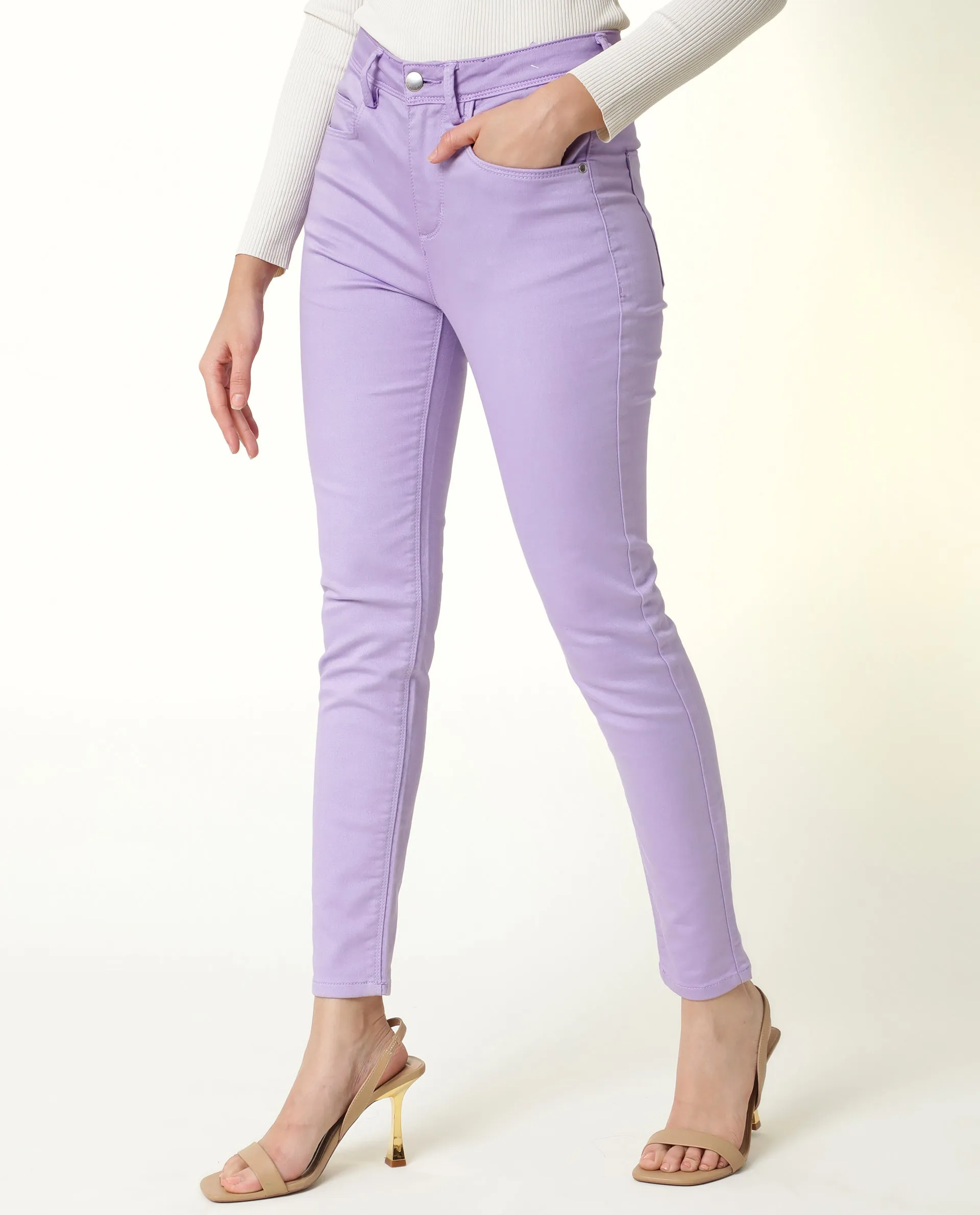 Rareism Women Kocho Purple Cotton Lycra Fabric Mid Rise Solid Slim Fit Ankle Length Jeans