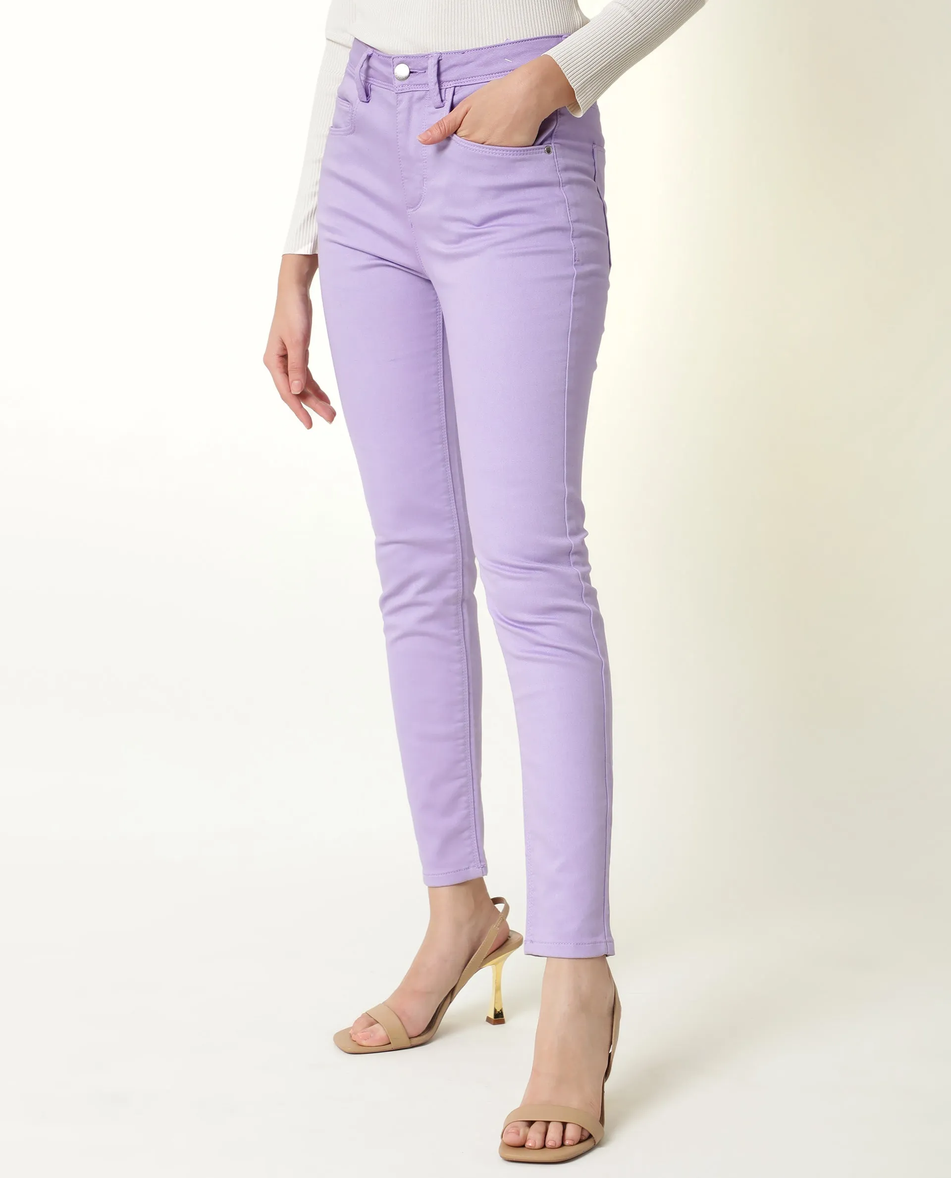 Rareism Women Kocho Purple Cotton Lycra Fabric Mid Rise Solid Slim Fit Ankle Length Jeans