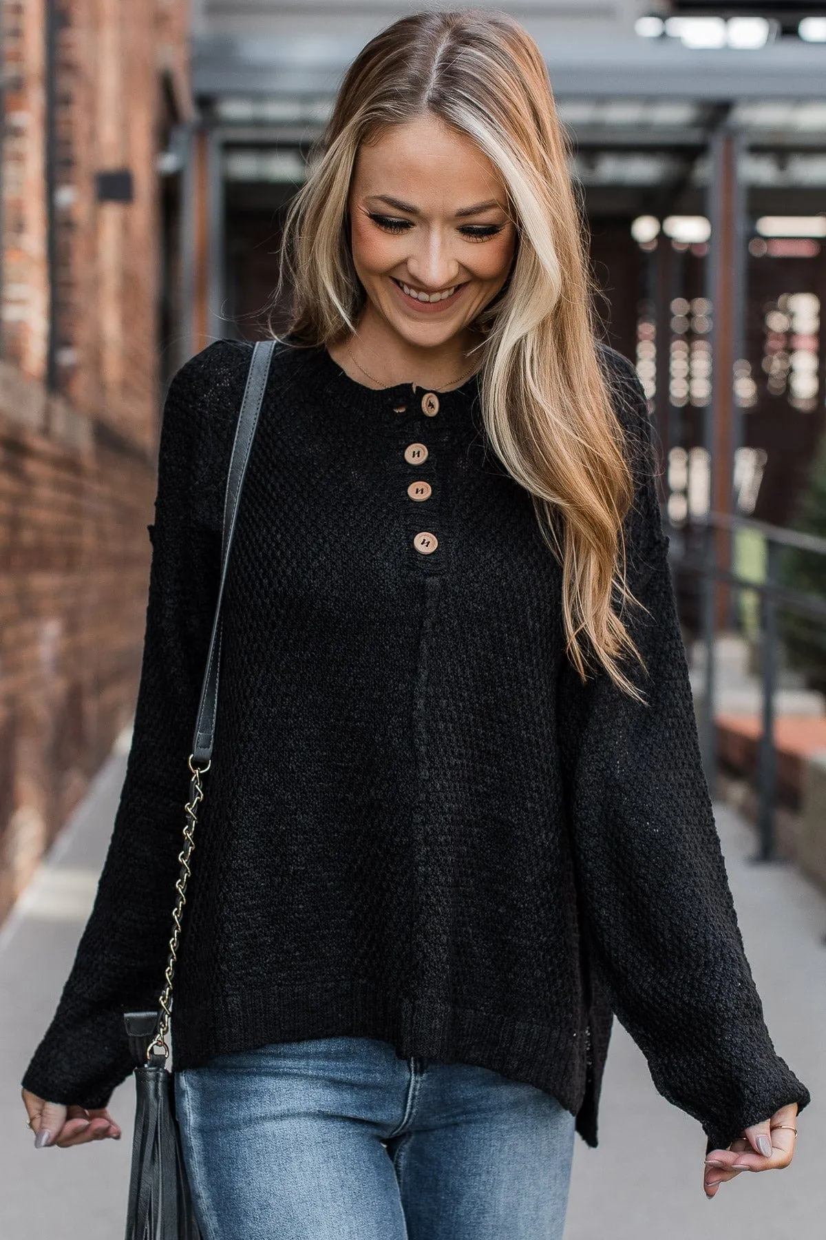 Rebellious Rose Knit Button Top- Black