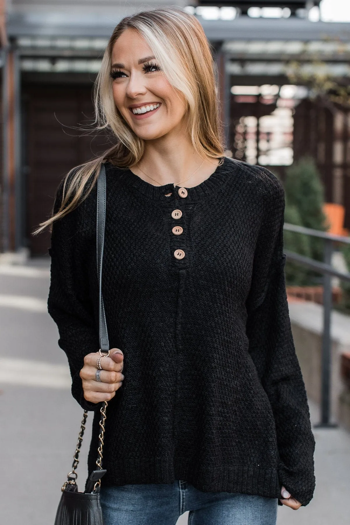 Rebellious Rose Knit Button Top- Black