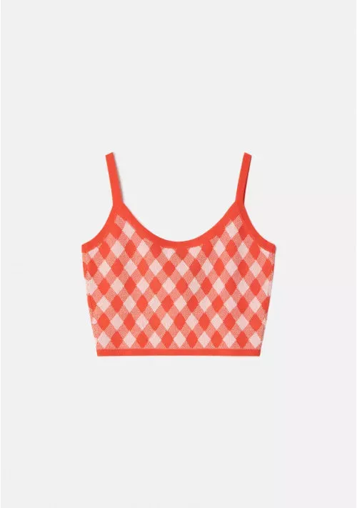 Red Knit Checked Top