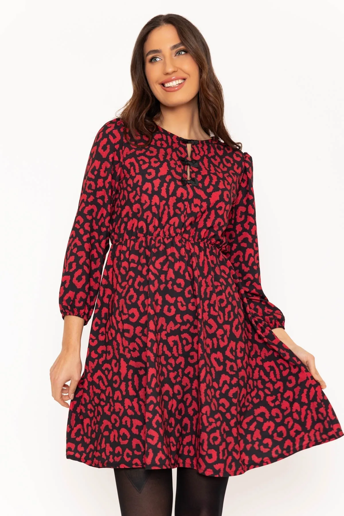 Red Leopard Print Bow Knee Length Dress