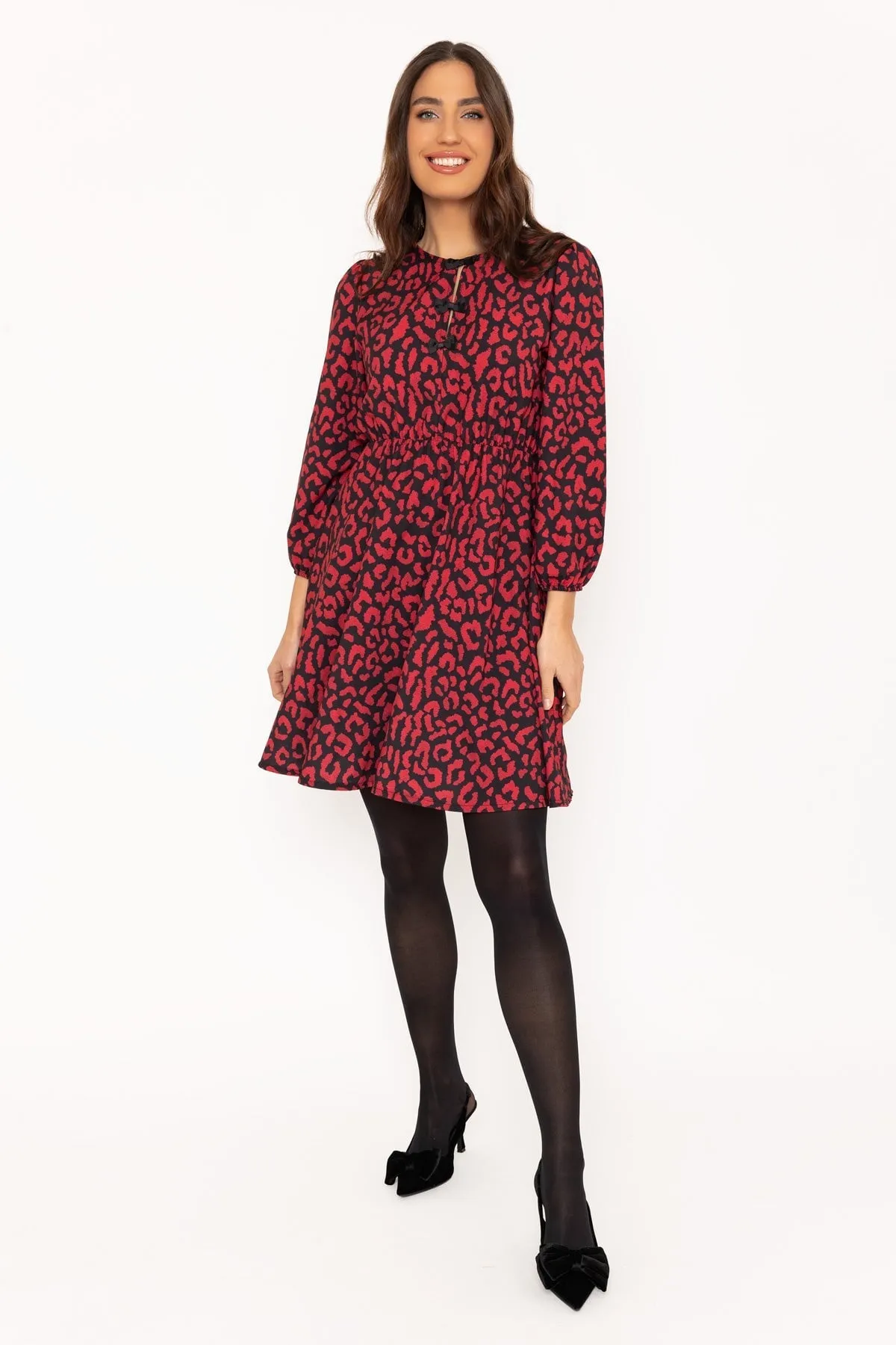 Red Leopard Print Bow Knee Length Dress