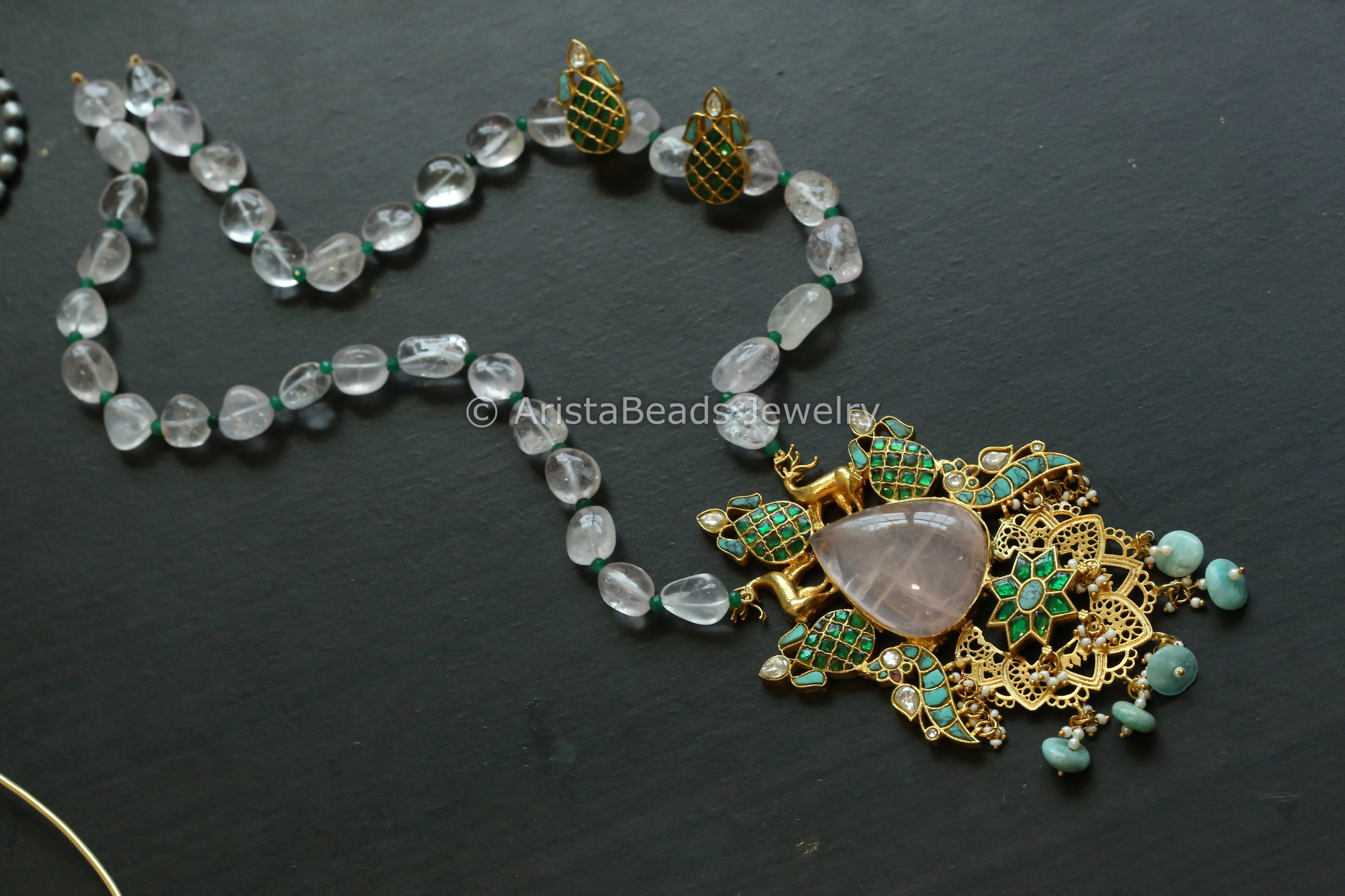 Rose Quartz Stone Fusion Jadau Necklace Set