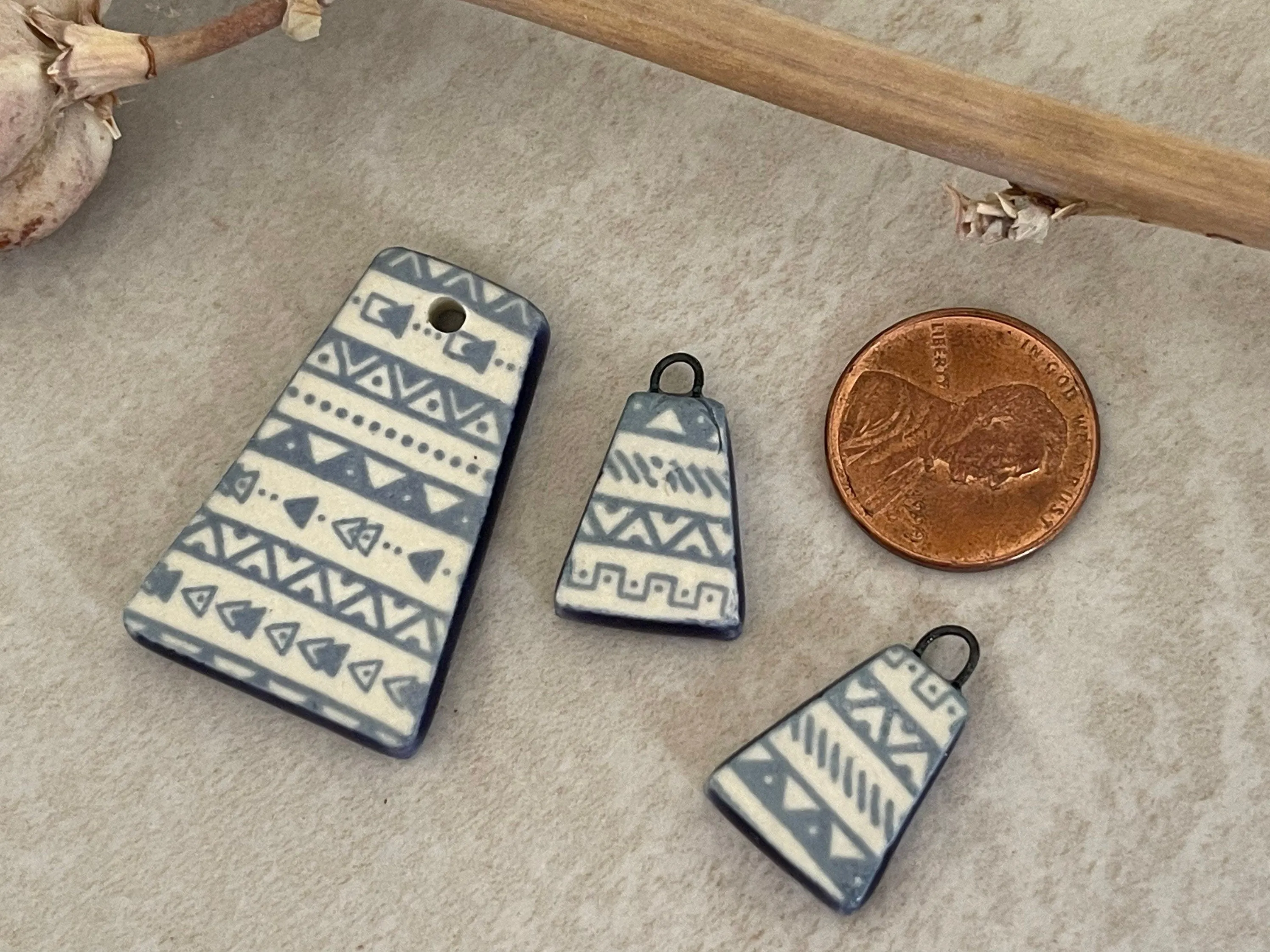 Rounded Triangle Pendant, Bead Set, Blue Geometric Earring Bead Pair, Porcelain Ceramic Charms, Jewelry Making Components, Beadi