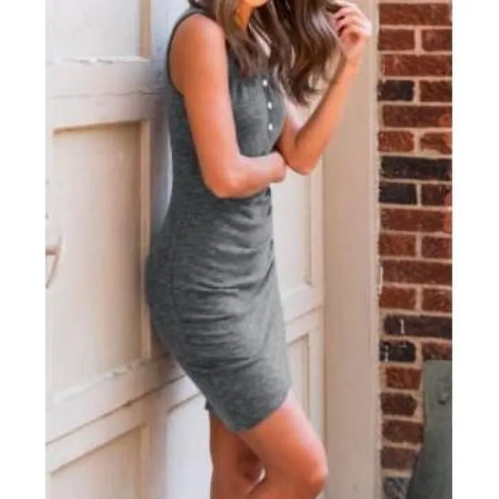 Ruched Gray Sleeveless Dress.