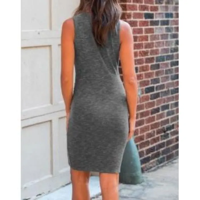 Ruched Gray Sleeveless Dress.