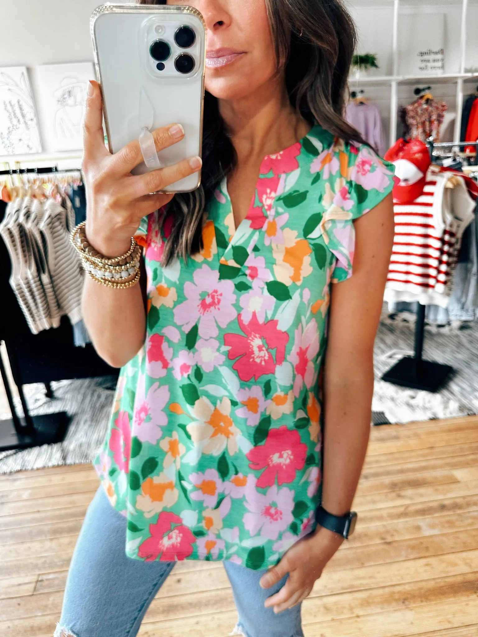 Tropical Green Top with Ruffle Sleeves