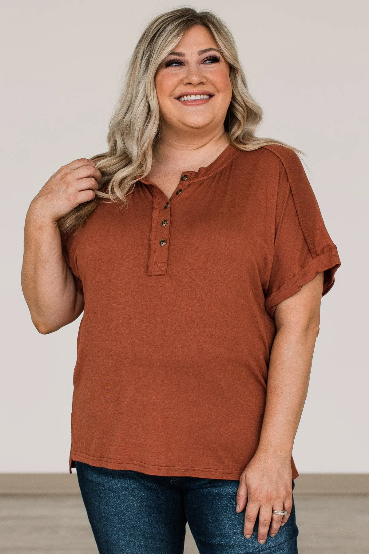 Rust Button Top with Eye-Catching Design.