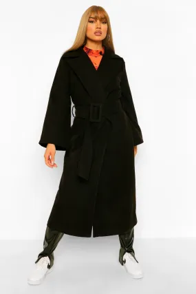 Self Belt Wide Sleeve Wool Look Coat