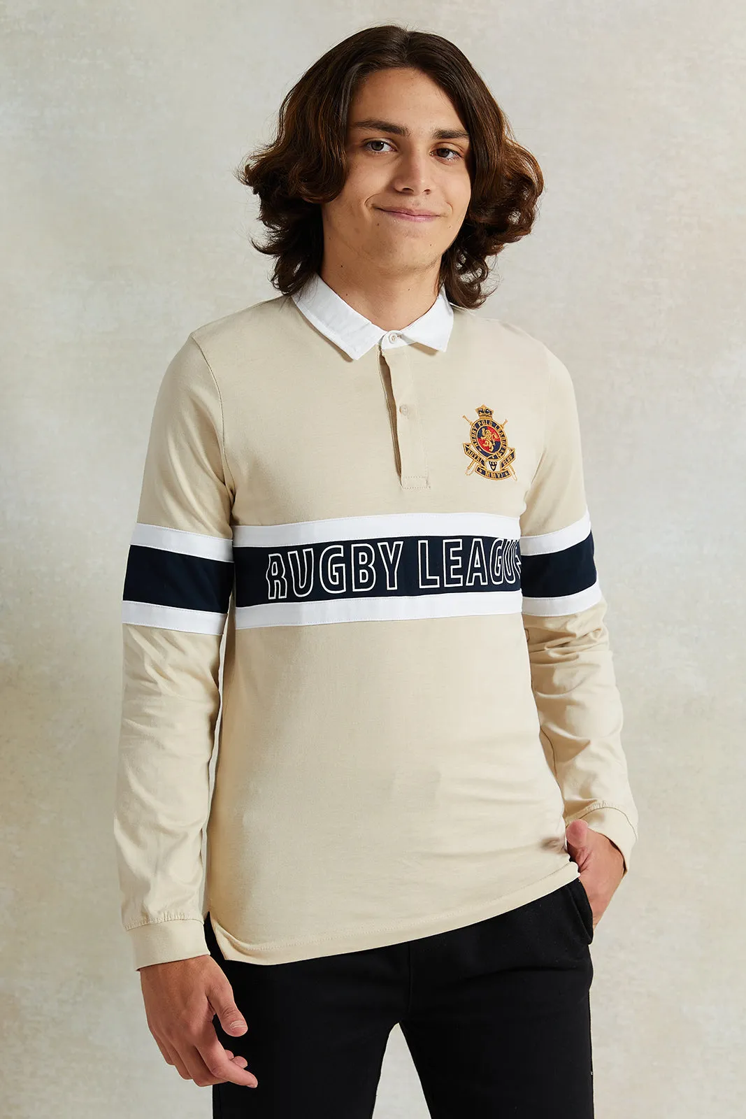 Senior Boys Beige Printed Polo Shirt